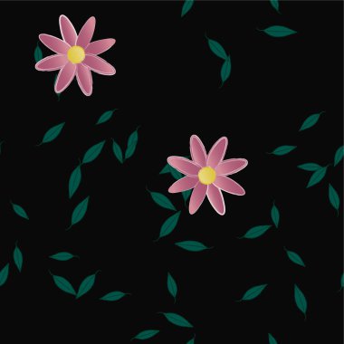 Basit renkli çiçekleri ve yeşil yaprakları olan güzel kompozisyon, vektör illüstrasyonu  