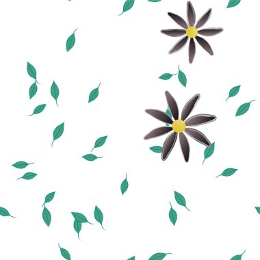 Basit renkli çiçekleri ve yeşil yaprakları olan güzel kompozisyon, vektör illüstrasyonu  