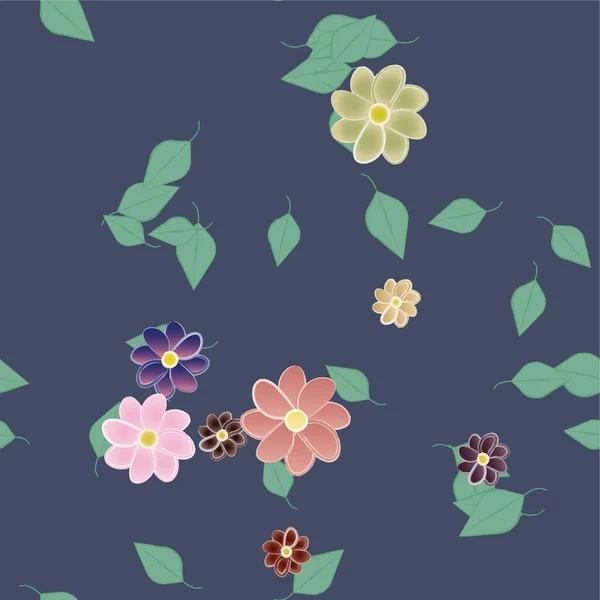 Mooie Compositie Met Eenvoudige Gekleurde Bloemen Groene Bladeren Vector Illustratie — Stockvector