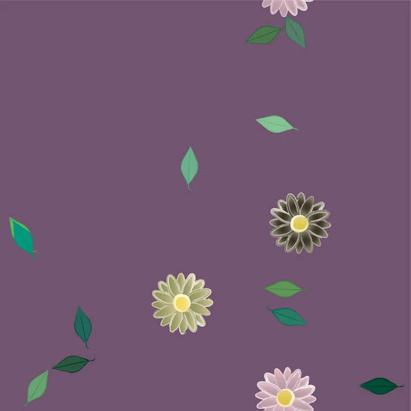 Mooie Compositie Met Eenvoudige Gekleurde Bloemen Groene Bladeren Vector Illustratie — Stockvector