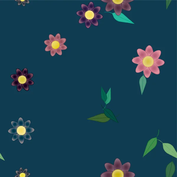 Mooie Compositie Met Eenvoudige Gekleurde Bloemen Groene Bladeren Vector Illustratie — Stockvector