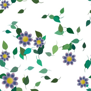 Basit renkli çiçekleri ve yeşil yaprakları olan güzel kompozisyon, vektör illüstrasyonu  