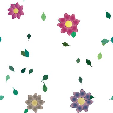 Basit renkli çiçekleri ve yeşil yaprakları olan güzel kompozisyon, vektör illüstrasyonu  