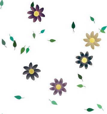 Basit renkli çiçekleri ve yeşil yaprakları olan güzel kompozisyon, vektör illüstrasyonu  