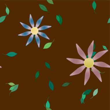 Basit renkli çiçekleri ve yeşil yaprakları olan güzel kompozisyon, vektör illüstrasyonu  