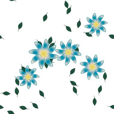 Basit renkli çiçekleri ve yeşil yaprakları olan güzel kompozisyon, vektör illüstrasyonu  