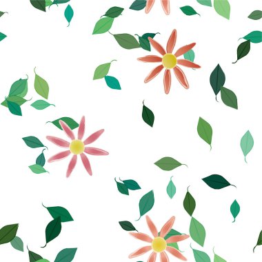 Basit renkli çiçekleri ve yeşil yaprakları olan güzel kompozisyon, vektör illüstrasyonu  