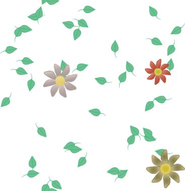 Basit renkli çiçekleri ve yeşil yaprakları olan güzel kompozisyon, vektör illüstrasyonu  
