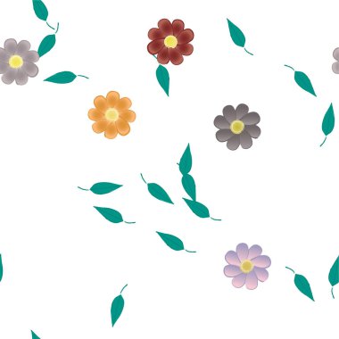 Basit renkli çiçekleri ve yeşil yaprakları olan güzel kompozisyon, vektör illüstrasyonu  