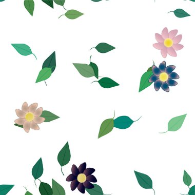 Basit renkli çiçekleri ve yeşil yaprakları olan güzel kompozisyon, vektör illüstrasyonu  