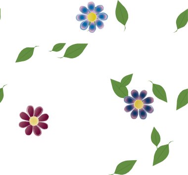 Basit renkli çiçekleri ve yeşil yaprakları olan güzel kompozisyon, vektör illüstrasyonu  