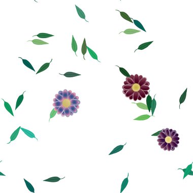 Basit renkli çiçekleri ve yeşil yaprakları olan güzel kompozisyon, vektör illüstrasyonu  