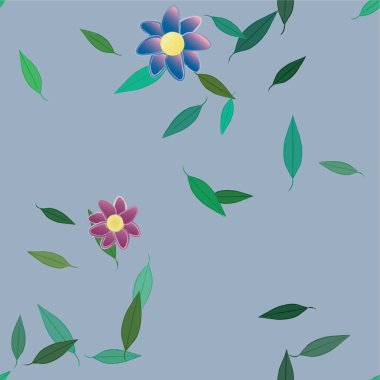 Basit renkli çiçekleri ve yeşil yaprakları olan güzel kompozisyon, vektör illüstrasyonu  