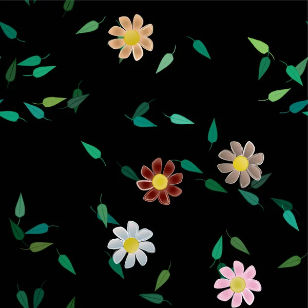 Composição Bonita Com Flores Coloridas Simples Folhas Verdes Ilustração Vetorial — Vetor de Stock