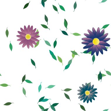 Basit renkli çiçekleri ve yeşil yaprakları olan güzel kompozisyon, vektör illüstrasyonu  