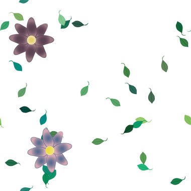 Basit renkli çiçekleri ve yeşil yaprakları olan güzel kompozisyon, vektör illüstrasyonu  