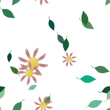 Basit renkli çiçekleri ve yeşil yaprakları olan güzel kompozisyon, vektör illüstrasyonu  