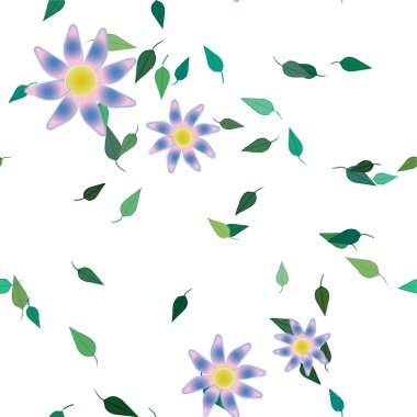 Basit renkli çiçekleri ve yeşil yaprakları olan güzel kompozisyon, vektör illüstrasyonu  