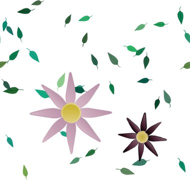 Basit renkli çiçekleri ve yeşil yaprakları olan güzel kompozisyon, vektör illüstrasyonu  