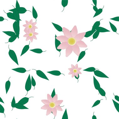 Basit renkli çiçekleri ve yeşil yaprakları olan güzel kompozisyon, vektör illüstrasyonu  