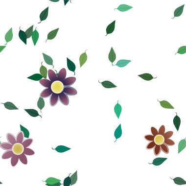 Basit renkli çiçekleri ve yeşil yaprakları olan güzel kompozisyon, vektör illüstrasyonu  