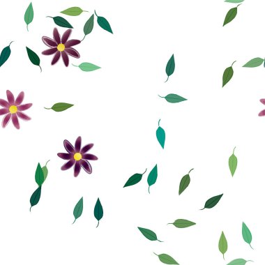 Basit renkli çiçekleri ve yeşil yaprakları olan güzel kompozisyon, vektör illüstrasyonu  