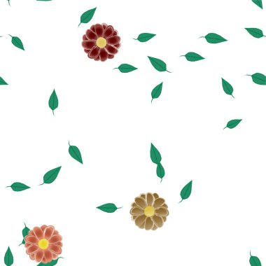 Basit renkli çiçekleri ve yeşil yaprakları olan güzel kompozisyon, vektör illüstrasyonu  