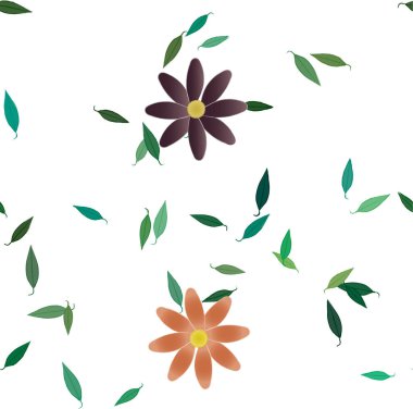 Basit renkli çiçekleri ve yeşil yaprakları olan güzel kompozisyon, vektör illüstrasyonu  