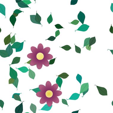 Basit renkli çiçekleri ve yeşil yaprakları olan güzel kompozisyon, vektör illüstrasyonu  