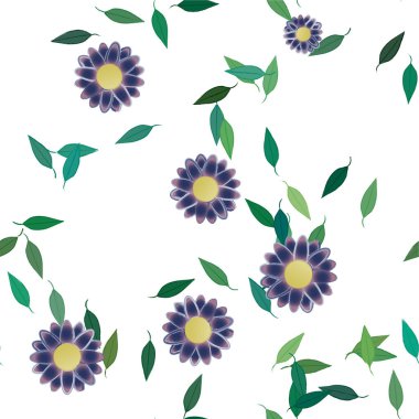 Basit renkli çiçekleri ve yeşil yaprakları olan güzel kompozisyon, vektör illüstrasyonu  