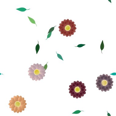 Basit renkli çiçekleri ve yeşil yaprakları olan güzel kompozisyon, vektör illüstrasyonu  