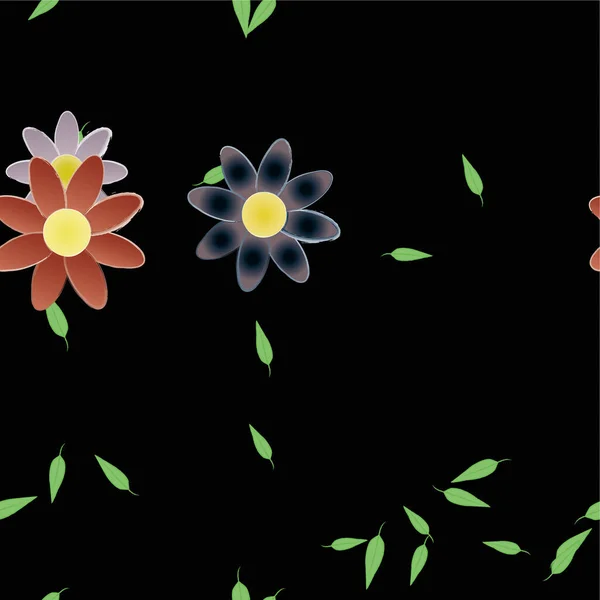 Compoziție Frumoasă Flori Simple Colorate Frunze Verzi Ilustrație Vectorială — Vector de stoc