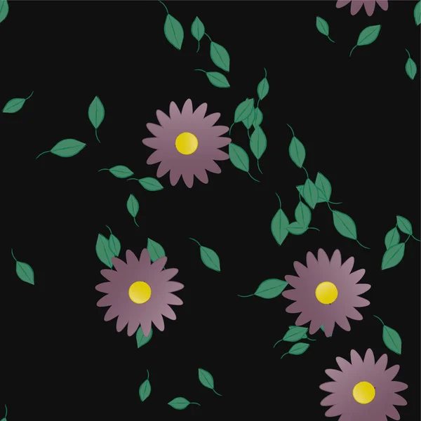 Mooie Compositie Met Eenvoudige Gekleurde Bloemen Groene Bladeren Vector Illustratie — Stockvector