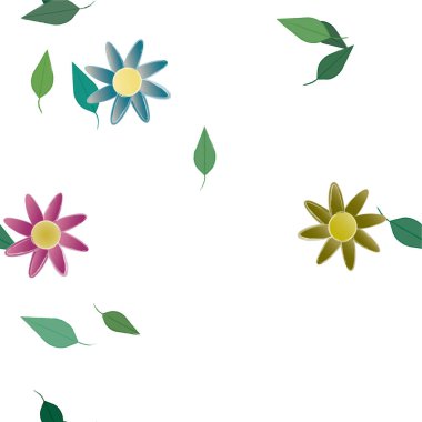 Basit renkli çiçekleri ve yeşil yaprakları olan güzel kompozisyon, vektör illüstrasyonu  