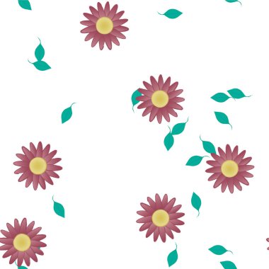 Basit renkli çiçekleri ve yeşil yaprakları olan güzel kompozisyon, vektör illüstrasyonu  