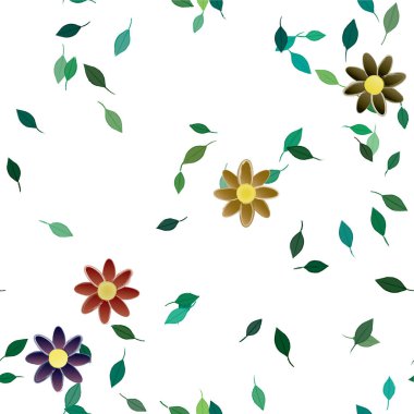 Basit renkli çiçekleri ve yeşil yaprakları olan güzel kompozisyon, vektör illüstrasyonu  