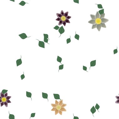 Basit renkli çiçekleri ve yeşil yaprakları olan güzel kompozisyon, vektör illüstrasyonu  