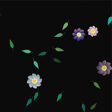 Basit renkli çiçekleri ve yeşil yaprakları olan güzel kompozisyon, vektör illüstrasyonu  