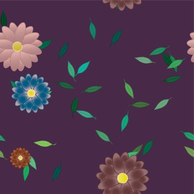 Basit renkli çiçekleri ve yeşil yaprakları olan güzel kompozisyon, vektör illüstrasyonu  