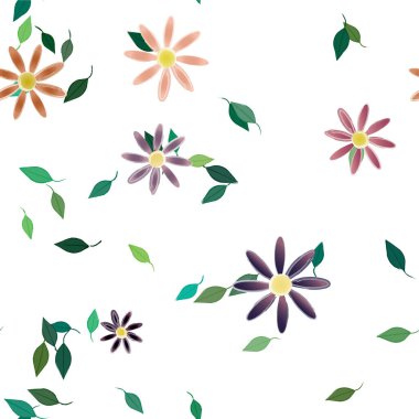 Basit renkli çiçekleri ve yeşil yaprakları olan güzel kompozisyon, vektör illüstrasyonu  