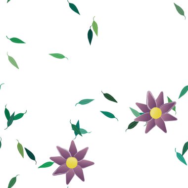 Basit renkli çiçekleri ve yeşil yaprakları olan güzel kompozisyon, vektör illüstrasyonu  