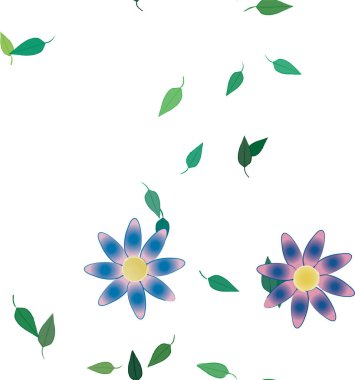 Basit renkli çiçekleri ve yeşil yaprakları olan güzel kompozisyon, vektör illüstrasyonu  