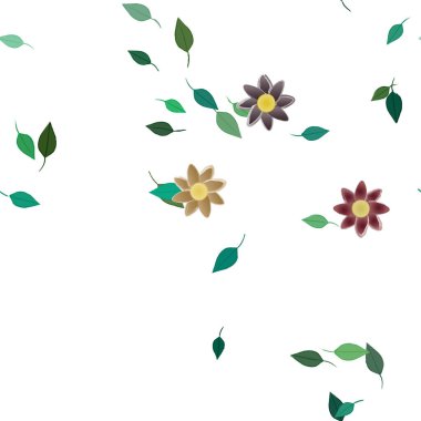 Basit renkli çiçekleri ve yeşil yaprakları olan güzel kompozisyon, vektör illüstrasyonu  