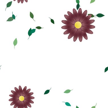 Basit renkli çiçekleri ve yeşil yaprakları olan güzel kompozisyon, vektör illüstrasyonu  