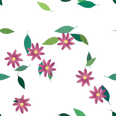 Basit renkli çiçekleri ve yeşil yaprakları olan güzel kompozisyon, vektör illüstrasyonu  