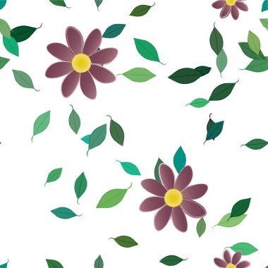 Basit renkli çiçekleri ve yeşil yaprakları olan güzel kompozisyon, vektör illüstrasyonu  