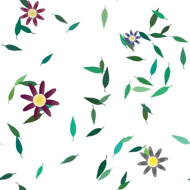 Basit renkli çiçekleri ve yeşil yaprakları olan güzel kompozisyon, vektör illüstrasyonu  