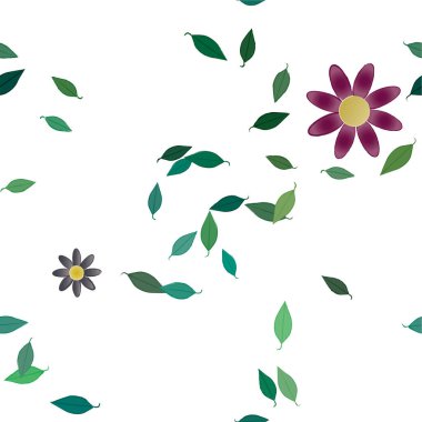 Basit renkli çiçekleri ve yeşil yaprakları olan güzel kompozisyon, vektör illüstrasyonu  