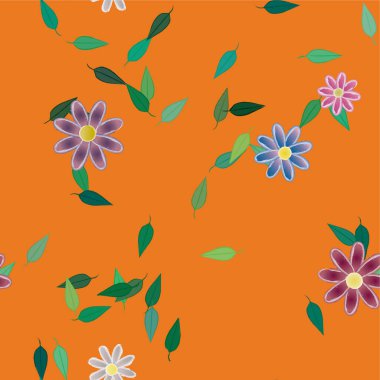 Basit renkli çiçekleri ve yeşil yaprakları olan güzel kompozisyon, vektör illüstrasyonu  