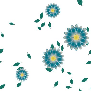 Basit renkli çiçekleri ve yeşil yaprakları olan güzel kompozisyon, vektör illüstrasyonu  